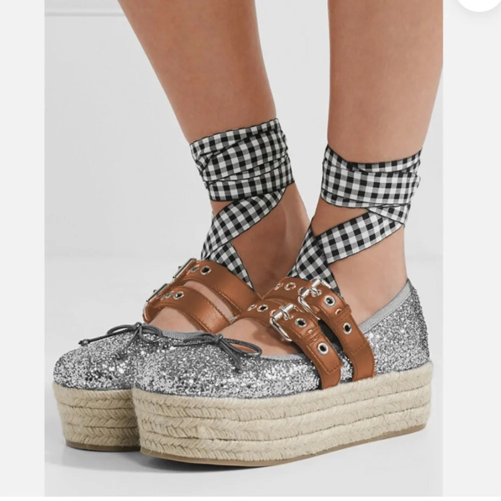 Retail $650! Miu Miu Glitter Silver Platform Espadrilles Removables Ties 40 9.5